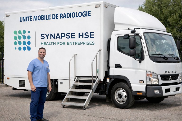 Technicien Synapse HSE devant l'unité mobile de radiologie